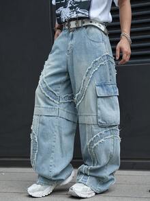 Manfinity EMRG Quần jeans denim nam phong cách thường ngày, kiểu dáng đường phố, gấu quần rách, túi nắp gập, không kèm thắt lưng. - Màu xanh lam - Xem 5