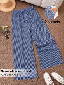 CosyJoli Plus Size Women Striped Drawstring Waist Pockets Casual Versatile Wide Leg Pants For Daily Wear - Multicolor - View 4