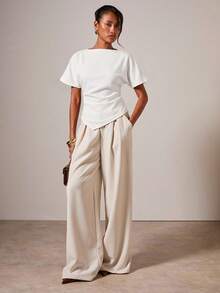 COSMINA Women White Crew Neck Short Sleeve Ruffle T-Shirt,Summer Top Office Elegant Minimalist - White - View 6