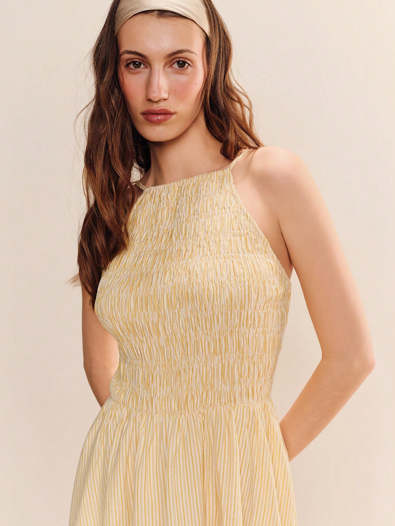 Yellow Striped Midi Dress With A Square Neckline, Smocked Top And A-Line Skirt Cute Spring Summer Dress Cute Yellow Dress Casual Vacation Outfit French Style Dress