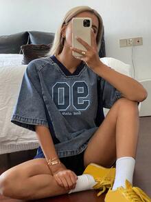 Livesso Women's V-Neck Contrast Letter Print Loose Denim Short Sleeve Top - Medium Wash - View 7