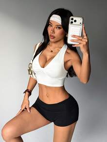 SHEIN Dewbera Áo tank top nữ cổ chữ V thắt nút xoắn, kiểu dáng năng động, thích hợp cho mùa xuân/hè. - trắng - Xem 4