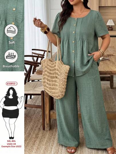 SHEIN CURVE+ 2pcs Plus Size Women's Summer Casual Vacation Countryside Pleated Round Neck Short Sleeve Solid Green Shirt And Pants Set, Suitable For Outings, 2026 New Fashion, Simple And Stylish, Suitable For Daily Wear, Green 2-Piece Set, Dignified 2-Piece Set, Plus Size Summer Set, Wide Leg Pants Set, Plus Size Pants Set, Suitable For Summer, Vacation, Commuting, Daily Wear And Mother's Day Set