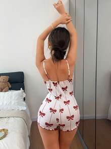 Napfluff Bộ đồ ngủ liền thân ôm sát in họa tiết nơ dành cho nữ. - Màu be - Xem 2