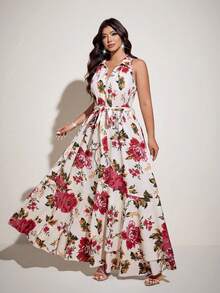 Viva Relle Plus Size Women Elegant Romantic Ditsy Floral V-Neck Long Dress - Multicolor - View 4