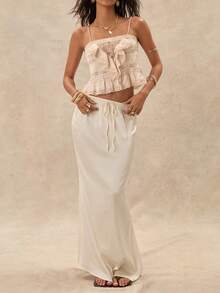 Easelle Women's Elegant White Drawstring Waist Satin Fish Tail Hem Skirt Summer  Festival Outfits For Women Party Elegant - White - View 3