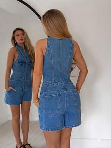 TRNVIE Bộ jumpsuit denim cổ ve áo phong cách thường ngày, thời trang, thích hợp cho kỳ nghỉ. - Rửa trung bình - Xem 2