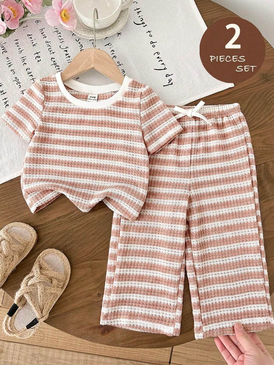 LMoss Kids 2pcs Baby Girl Knitted Striped Casual T-Shirt And Leggings Set - Baby Pink - View 1