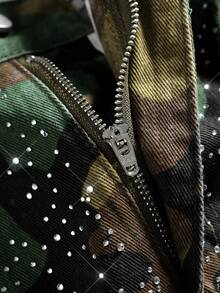 Manfinity Denimwave Men's Summer Casual Camouflage Print Studded Rhinestone Denim Shorts - Army Green - View 5