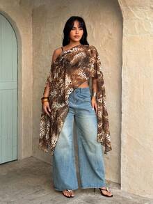 Rustia Plus Size Women's Fashionable Elegant Leopard Print Asymmetrical Asymmetric Semi-Sheer Chiffon Blouse Shawl - Coffee Brown - View 5