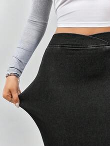 Flexra Women's Casual Solid Color Overlap Waist Split Thigh Fitted Denim Skirt, Suitable For Spring, Summer, Autumn - Black - View 5