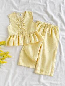 SHEIN Vintaside Kids 2件套女婴幼儿/新生儿0-3岁春夏休闲甜美日常度假条纹梭织无袖上衣和阔腿裤两件套 - 黃色 - 查看 7
