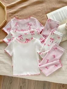 Cozy Pixies Bộ đồ mặc nhà 6 món màu hồng kẻ sọc dễ thương họa tiết trái tim và nơ cho bé gái, gồm áo thun và quần, thích hợp cho mùa hè. - Nhiều màu - Xem 2