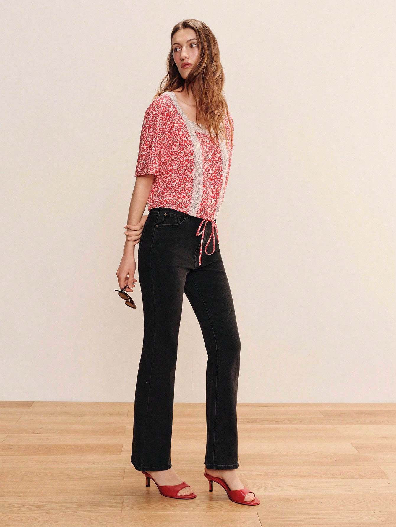 Red Floral-Print Top With A Square Neckline And White Lace Inserts Cute Spring Summer Style Work Top Holiday Top French Style Top Cute Summer Top