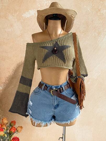 Soleia Olive Green Star Jacquard Knit Casual Vacation Bikini Cover Up Top, Suitable For Beach, Cruise, Holiday, Date, Afternoon Tea, Music Festival, Brunch, Boho, Beach Resort, Island Vacation, Beach, Summer, Music Festival, Commute, Brazil Vacation, Party, Carnival, Retro, Back To School, Collegiate Style
