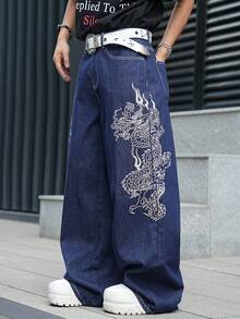 Manfinity EMRG Quần jean denim nam dáng rộng, in họa tiết, túi xéo, kiểu dáng thường ngày. - Màu xanh lam - Xem 3