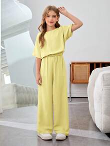 SHEIN Nova Glow 少女度假休闲纯色圆领短袖两件套 - 黃色 - 查看 5