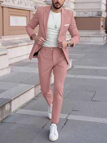 Manfinity Mode Men's Casual Business 2 Pieces Suit, Solid Color Suit Blazer And Pants, Simple Fashion Casual Daily Wear Wedding Suit Prom Suit Men, Suitable For Valentine's Day Anniversary And Other Occasions, It Is A Great Gift For Your Boyfriend Or Husband, Old Money, Formal - Pink - View 6