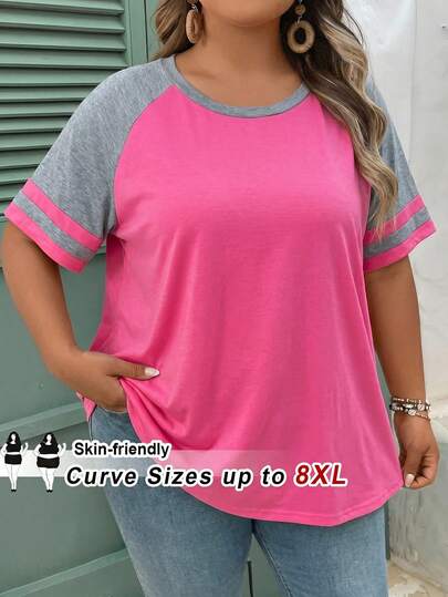 SHEIN CURVE+ 大码夏季休闲撞色插肩袖T恤 夏季上衣 夏季穿搭 夏季服装 春季女装 春季女装 海滩度假女装 波西米亚风休闲女式衬衫