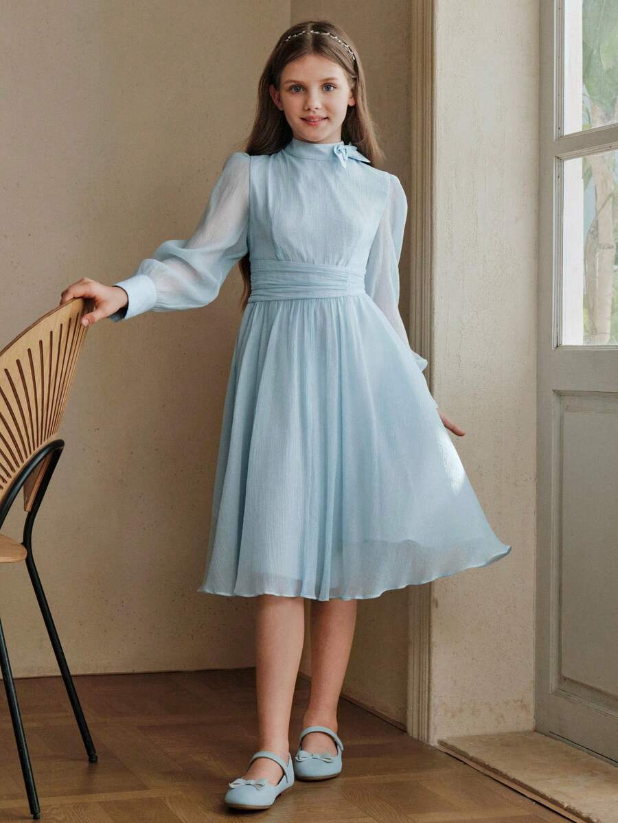 Anewsta Summer Dresses Blue Petal Sleeve Ruffle Midi Dress With Bow Tie For Big Girls - Blue - View 1