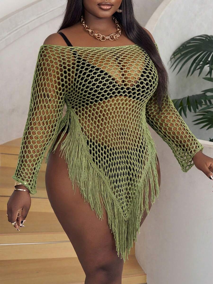 Slaydiva Plus Size Women Casual Knitted Off-Shoulder Tassel Asymmetrical Hem Long Sleeve Sexy Sweater Dress In Fall/Winter - Green - View 1