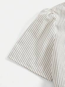 SHEIN Girlism Kids Teen Girls Elegant Commuter Woven Striped Black & White Contrast Bow Decor Short Sleeve Blouse, Back To School Season Blouses For Girls Blouses For Teens - Apricot - View 6