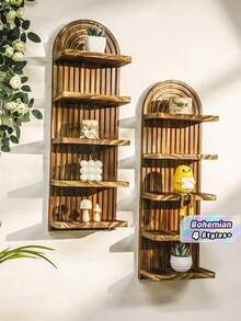 1pc Bohemian Multi-Layer Shelving Unit, Wave Shaped Floating Shelves, Wall Mounted Storage Rack, Candle Holder, Decorative Organizer For Bathroom, Living Room - Brown - View 2