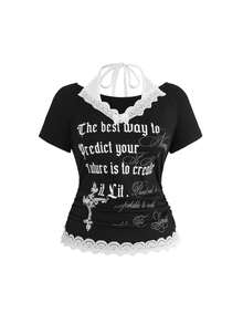 ROMWE Grunge Punk Plus Size Retro Y2K Letter & Cross Print Lace Trim Deep V-Neck 2 In 1 Cinched Waist T-Shirt - Grey - View 1