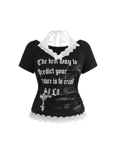 ROMWE Grunge Punk Plus size retro T-shirt met Y2K-letter- en kruisprint, kanten afwerking, diepe V-hals en getailleerde taille.