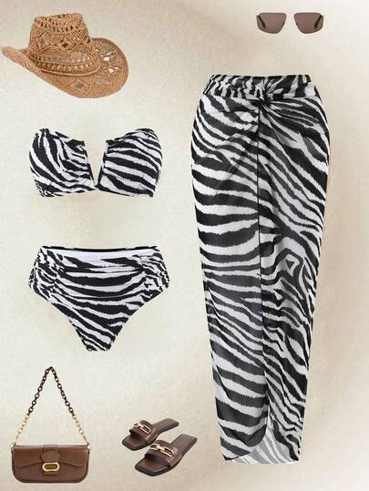 Swim Oasis Conjunto de traje de baño de verano 2026 para mujer, incluye top bandeau de unicolor, shorts de baño y vestido largo de malla para vacaciones en la playa