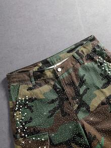 Manfinity Denimwave Men's Summer Casual Camouflage Print Studded Rhinestone Denim Shorts - Army Green - View 9