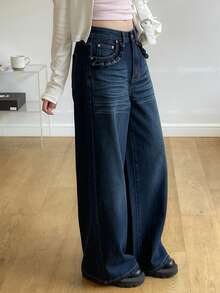 DAZY Jeans de mezclilla lavada con dobladillo con volantes para mujer, estilo coreano casual y holgado - Azul - Ver 10