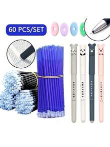 Bộ 60 bút gel xóa được 0.35mm, bao gồm 4 bút, 50 ruột bút và 6 cục tẩy, có các màu đen/xanh dương/đỏ, thích hợp cho kỳ thi, họa tiết động vật dễ thương, phù hợp cho việc học tập, văn phòng phẩm, đồ dùng cần thiết cho năm học mới. - Bộ - Xem 1