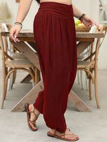 EMERY ROSE Plus Size Women Elastic Waist Textured Beach Vacation Pants Fall - Red - View 3