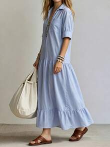 EMERY ROSE Đầm dài dáng rộng tay lửng cổ chữ V kẻ sọc xanh trắng thoải mái cho nữ, thích hợp cho kỳ nghỉ hè. - Xanh và trắng - Xem 4