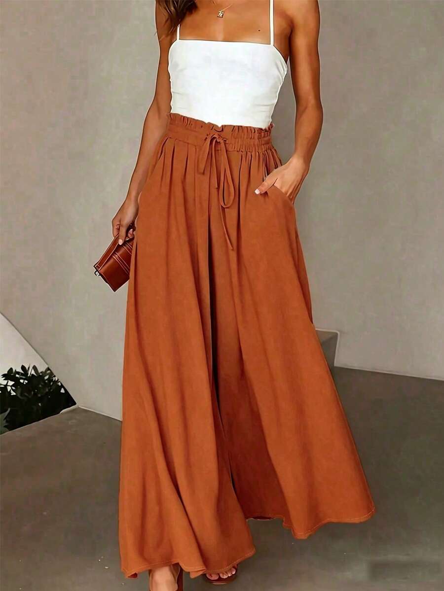 SHEIN PariChic Quần ống rộng màu trơn thường ngày dành cho nữ - Rỉ Nâu - Xem 1