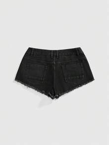 ROMWE Grunge Punk Asymmetrical Ripped Design Low Waist Mini Women's Denim Shorts, Concert Outfit - Black - View 2