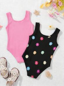 SHEIN Bộ 2 món áo liền quần cổ tròn dáng rộng cho bé gái, đa năng, thích hợp mặc hàng ngày. - Nhiều màu - Xem 2