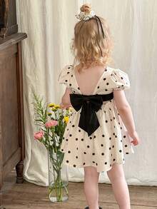 SHEIN Đầm dệt họa tiết chấm bi cổ vuông tay cánh hoa cho bé gái, kiểu dáng thường ngày. - Đen và trắng - Xem 6