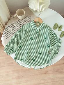 Emery Rose Kids Áo sơ mi thường ngày kẻ sọc dệt họa tiết nơ dành cho bé gái - màu xanh lá - Xem 3