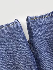 SHEIN Đầm ngắn ôm dáng cổ vuông bằng vải denim xanh có đính cúc dành cho bé gái - Rửa trung bình - Xem 6