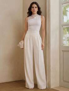 Fashionable Navy Blue Suit Pants, Summer Outfits, Waist Design Women's Formal Trousers - Beige - View 8