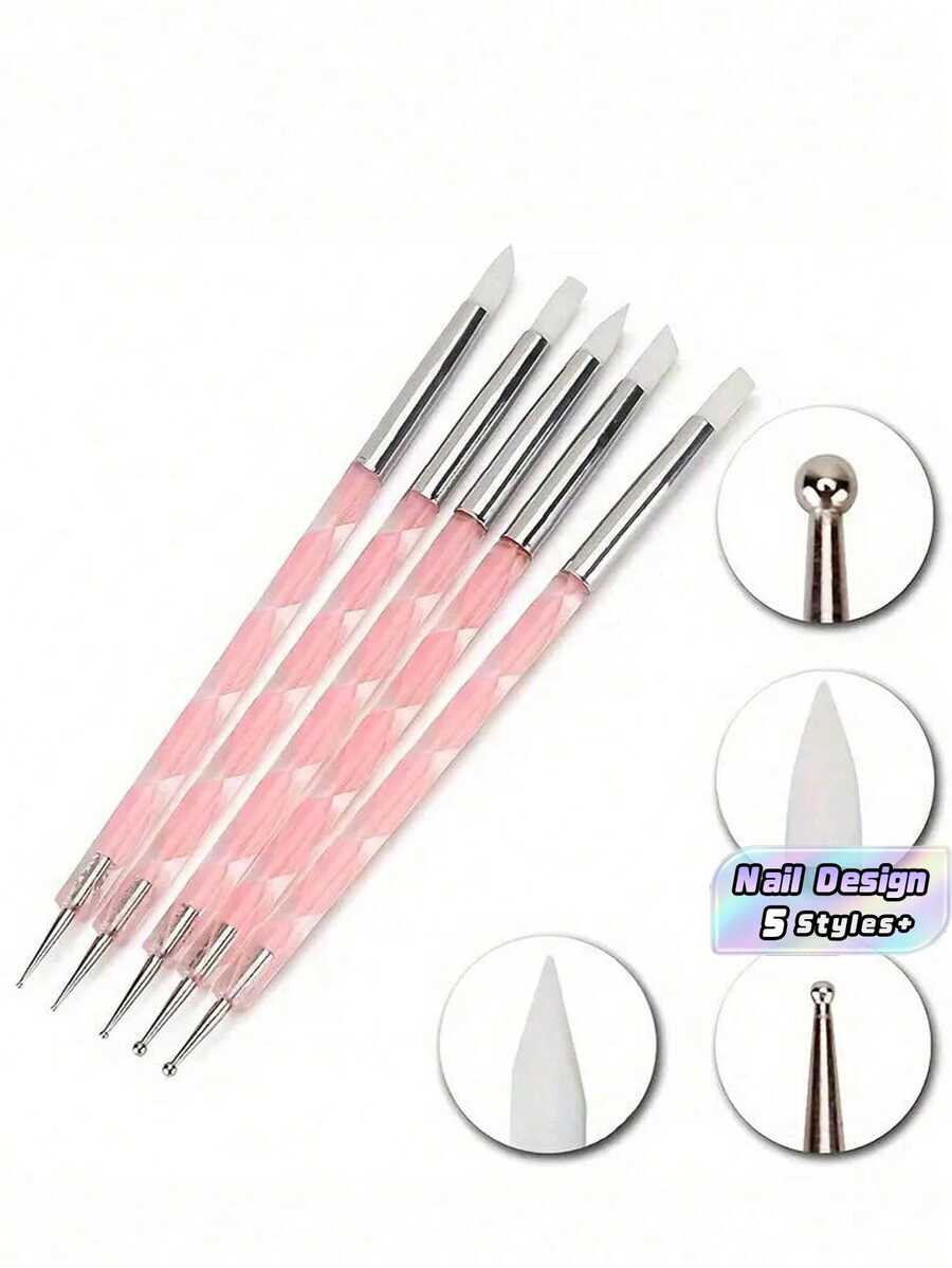 5Pcs Double Ended Nail Art Silicone Pens Double Headed Acrylic Silicone Dotting Pens Stainless Steel Dotting Tools Marble Pattern Painting Pens With Fine Precision Tips For Nail Art Design Professional Salon Home DIY Nail Supplies - Watermelon Pink - View 1