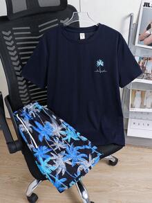 SHEIN Bộ đồ 2 món cho bé trai và thiếu niên, áo thun và quần short thể thao màu xanh dương in hình cây cọ và có túi, trang phục nhiệt đới cho bé trai, bộ đồ mùa hè cho bé trai, quần áo đi biển cho bé trai. - Nhiều màu - Xem 6
