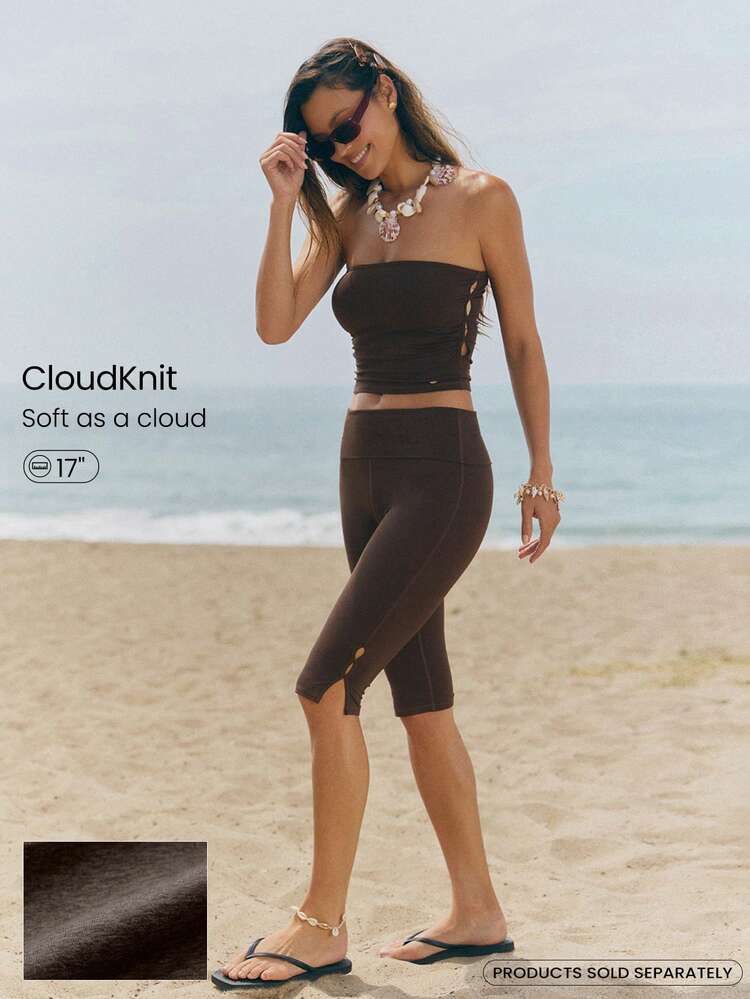 17" CloudKnit Cool Capri Soft Stretchy Lightweight Split Hem Foldover High Waist Leggings Yoga Studio Daily Wear