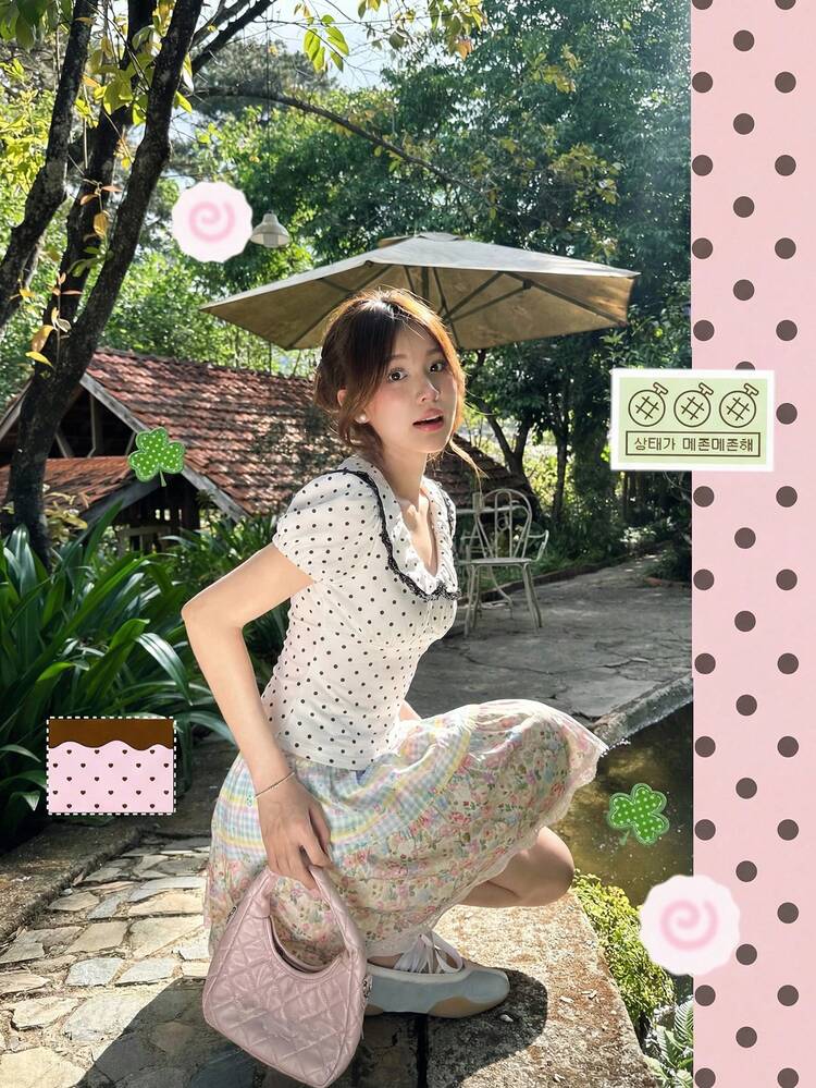 Women's Polka Dot Short Sleeve Collared T-Shirt, Youthful Korean Style
