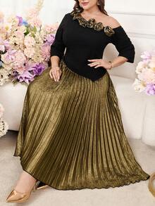Gownix Plus Size Women's Elegant Formal Gym Brown Autumn Dress,Floral Decor Asymmetrical Patchwork Pleated Luxury Evening Party Wedding Guest Outfits - Multicolor - View 4