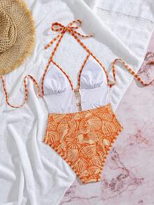 Swim Vcay Retro Urlaubsstil Damen Badeanzug, Orange & Beige Farbblock, Meeresbewohner Muster, Halter Nacken Krawatte, doppellagige Ausschnitt-Metallstern Dekoration, hochgeschnittene Rückseite, Vintage Urlaubsstil, Frühling Ostern Strand Küsten Resort Chic - Orange - Übersicht 5
