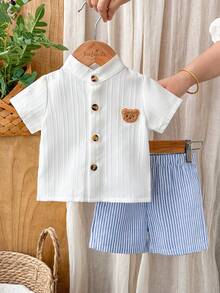 SHEIN Vintaside Kids Neugeborenen Baby Jungen Gentleman Stil Kurzarm Outfit, minimalistisch künstlerische Lässig Sommerkleidung für Säuglinge - Blau-Weiß - Übersicht 3