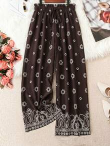 EMERY ROSE Plus Size Women Floral Print Ruffle Waist Tie Wide Leg Loose Pants - Multicolor - View 1